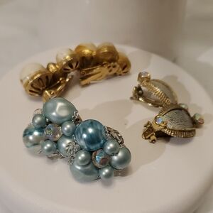 Blue Glass Cluster (Japan) Aurora Borealis Gems, Faux Pearls Beads 3-Pr Earrings